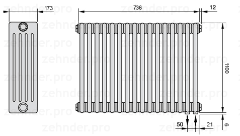 Схема (чертеж) Радиатор Zehnder Charleston 5110/16 №5510 Белый глянцевый RAL 9016